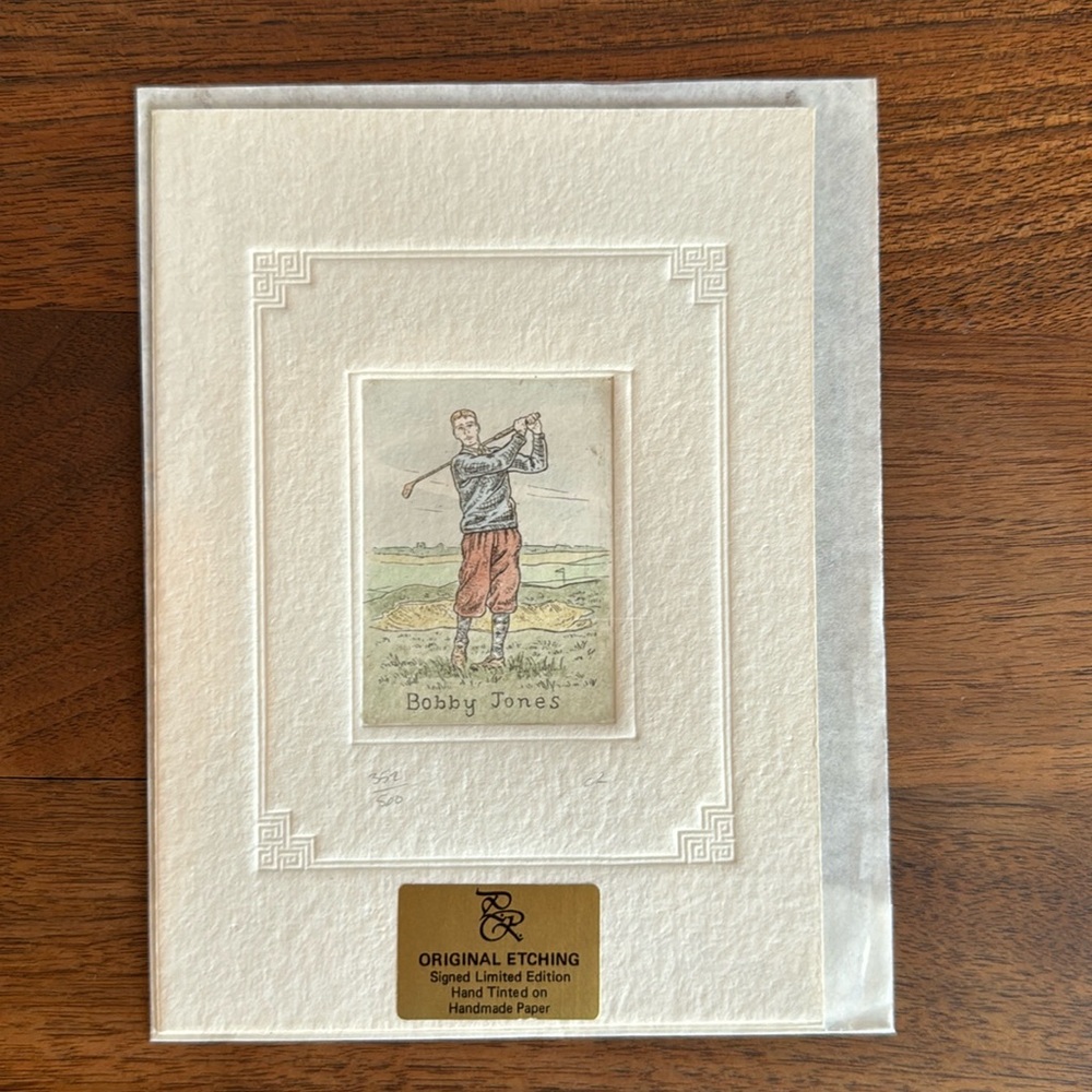 Limited edition colored print depicting Bobby Jones playing golf.